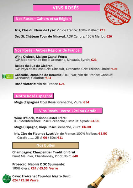 wine list: 2 pages with text and grapes images