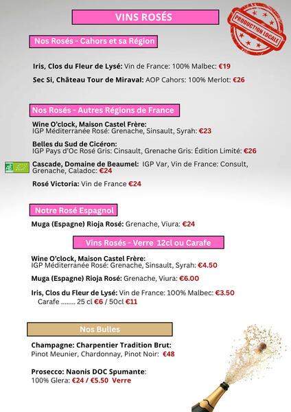 wine list: 2 pages with text and grapes images