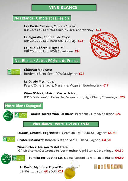 wine list: 2 pages with text and grapes images