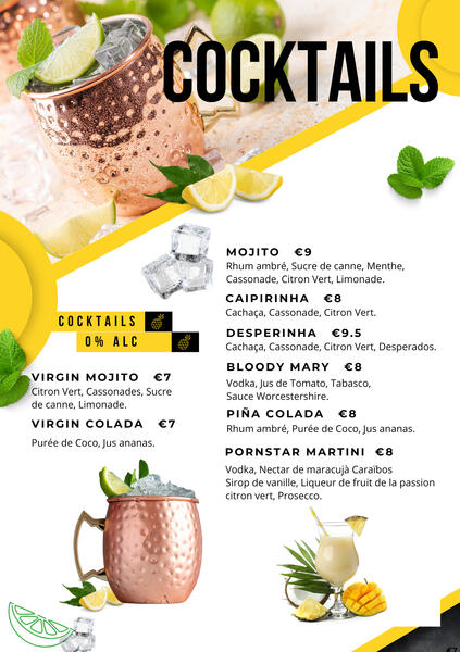 Cocktails cocktail menu: fun bright colours