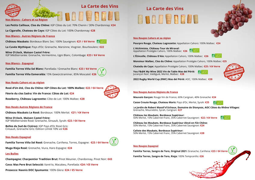 wine list: 2 pages with text and grapes images